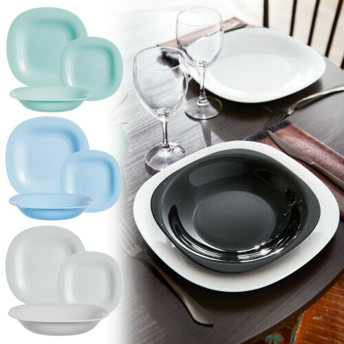 (6 Soup Bowls, Grey) Luminarc Square 18pc Opal Glass Dinner Set Plates
