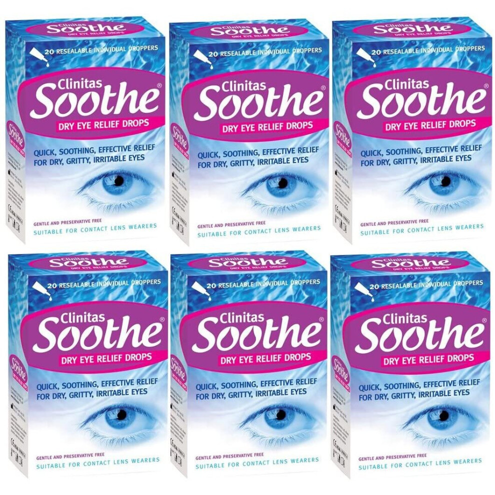 6 x Clinitas Soothe Dry Eye Relief Lubricant Eye Drops 20 x 0.5 ml vials