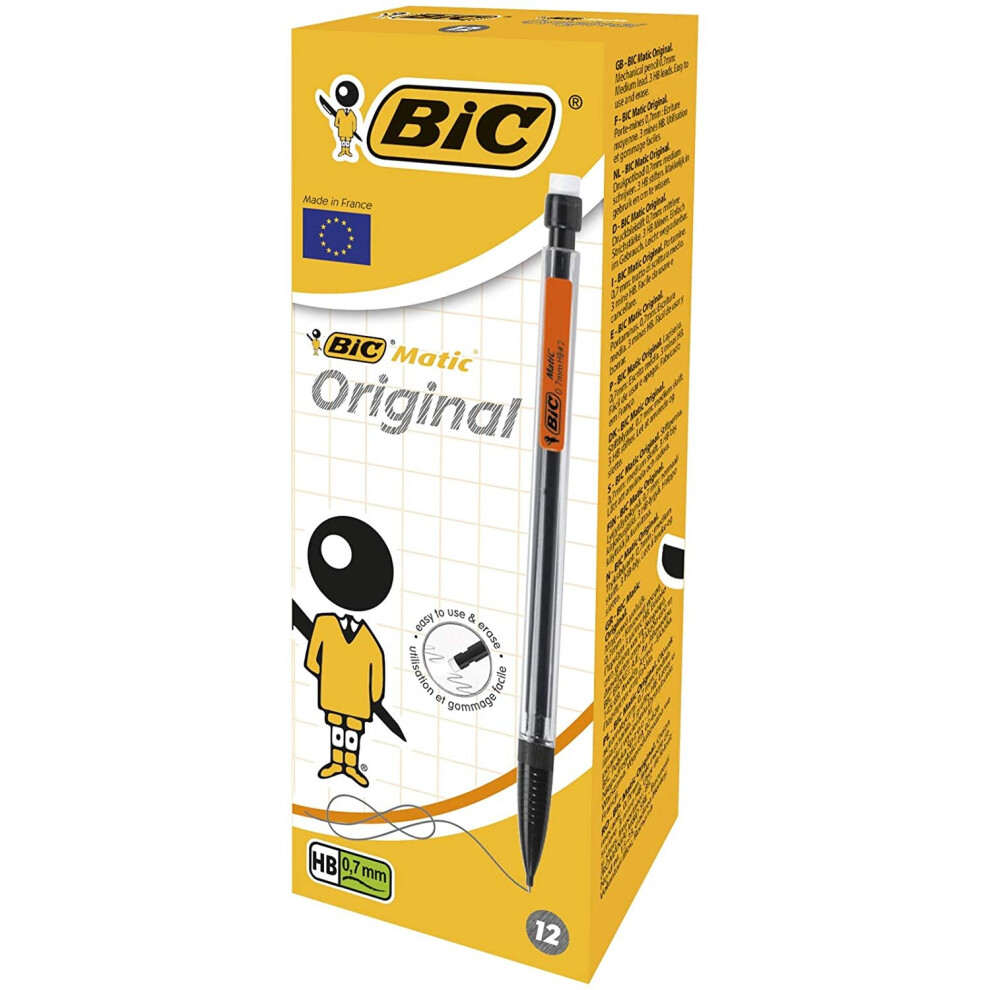 Bic Matic Original Mechanical Pencils, Pack of 12, Perfect for School and Office Use, 0.7 mm Black (HB), Includes 3 HB Lead Refills and Eraser