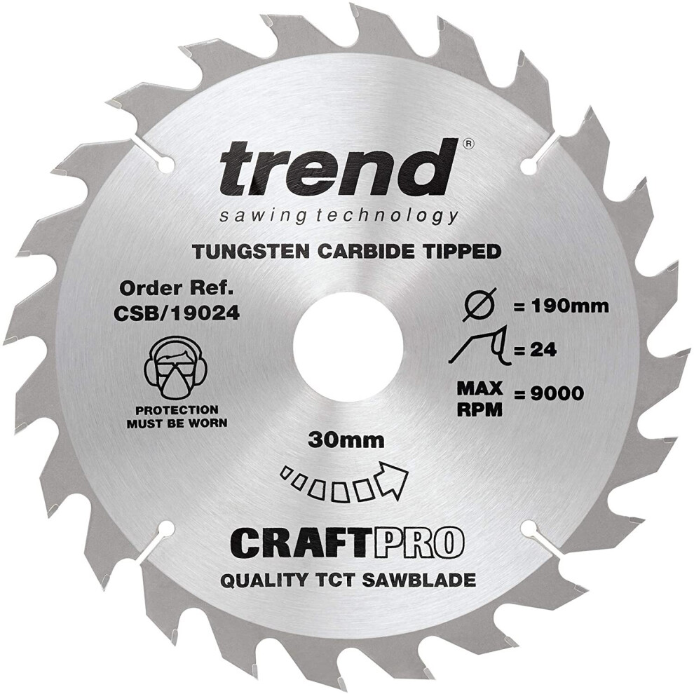 Trend CSB/19024 Craft Pro General Purpose TCT Blade Ideal for Makita, Bosch, and DeWalt Circular Saws, 190mm x 24 Teeth x 30mm Bore, Tungsten Carbide