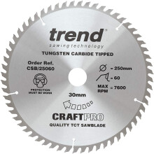 Trend CSB/25060 Craft Pro Trimming Crosscut TCT Blade for Table and Circular Saws, 250mm x 60 Teeth x 30mm Bore, Tungsten Carbide Tipped