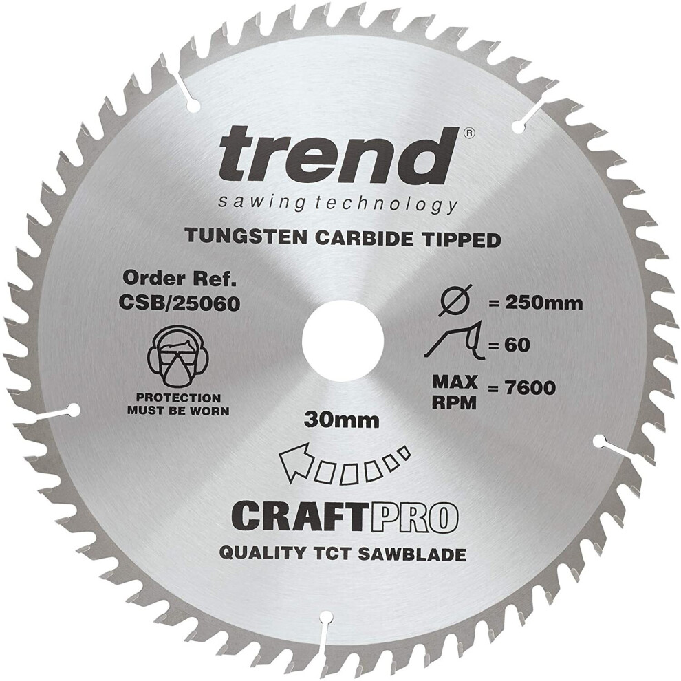 Trend CSB/25060 Craft Pro Trimming Crosscut TCT Blade for Table and Circular Saws, 250mm x 60 Teeth x 30mm Bore, Tungsten Carbide Tipped