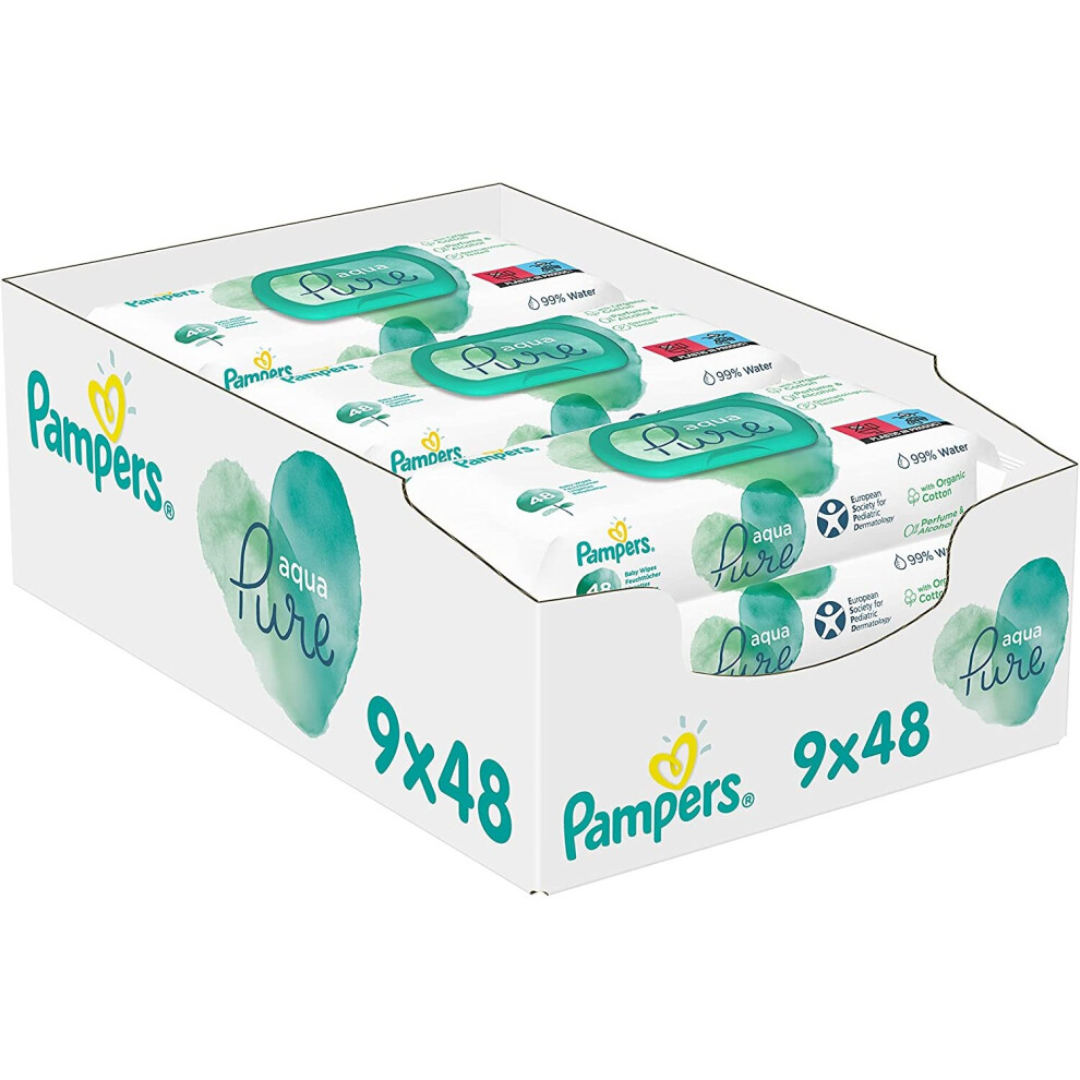 Pampers Aqua Pure Baby Wipes 9 Packs of 48 Wipes = 432 Baby Wipes Made with 99% Pure Water, Dermatologically Tested