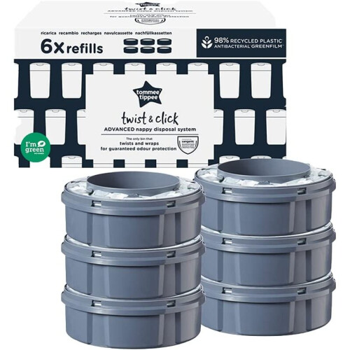 Tommee Tippee Twist and Click Advanced Nappy Bin Refill Cassettes, Sustainably Sourced Antibacterial GREENFILM, Pack of 6