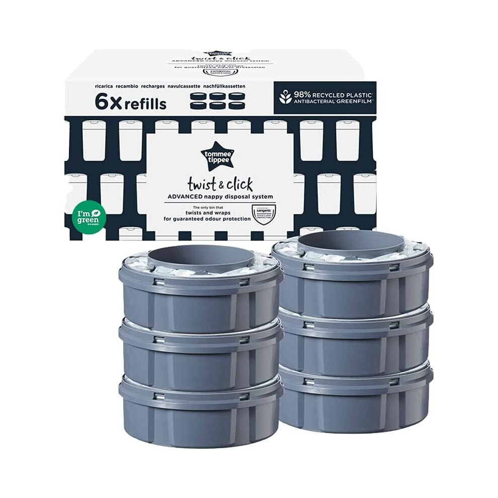 Tommee Tippee Twist and Click Advanced Nappy Bin Refill Cassettes, Sustainably Sourced Antibacterial GREENFILM, Pack of 6-image-OPC-P8VXDYX-NEW