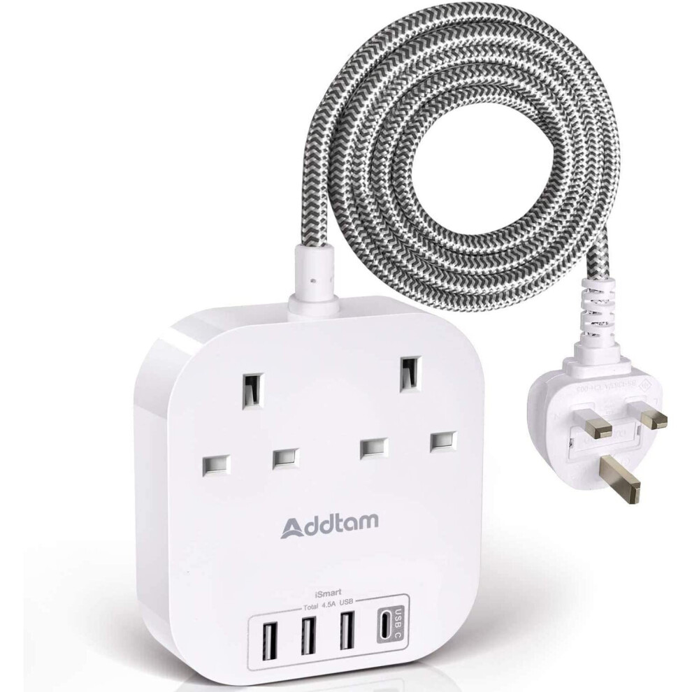 Extension Lead with USB C Ports, Power Strips with 2 Way Outlets 4 USB(4.5A, 1 Type C and 3 USB-A Port)