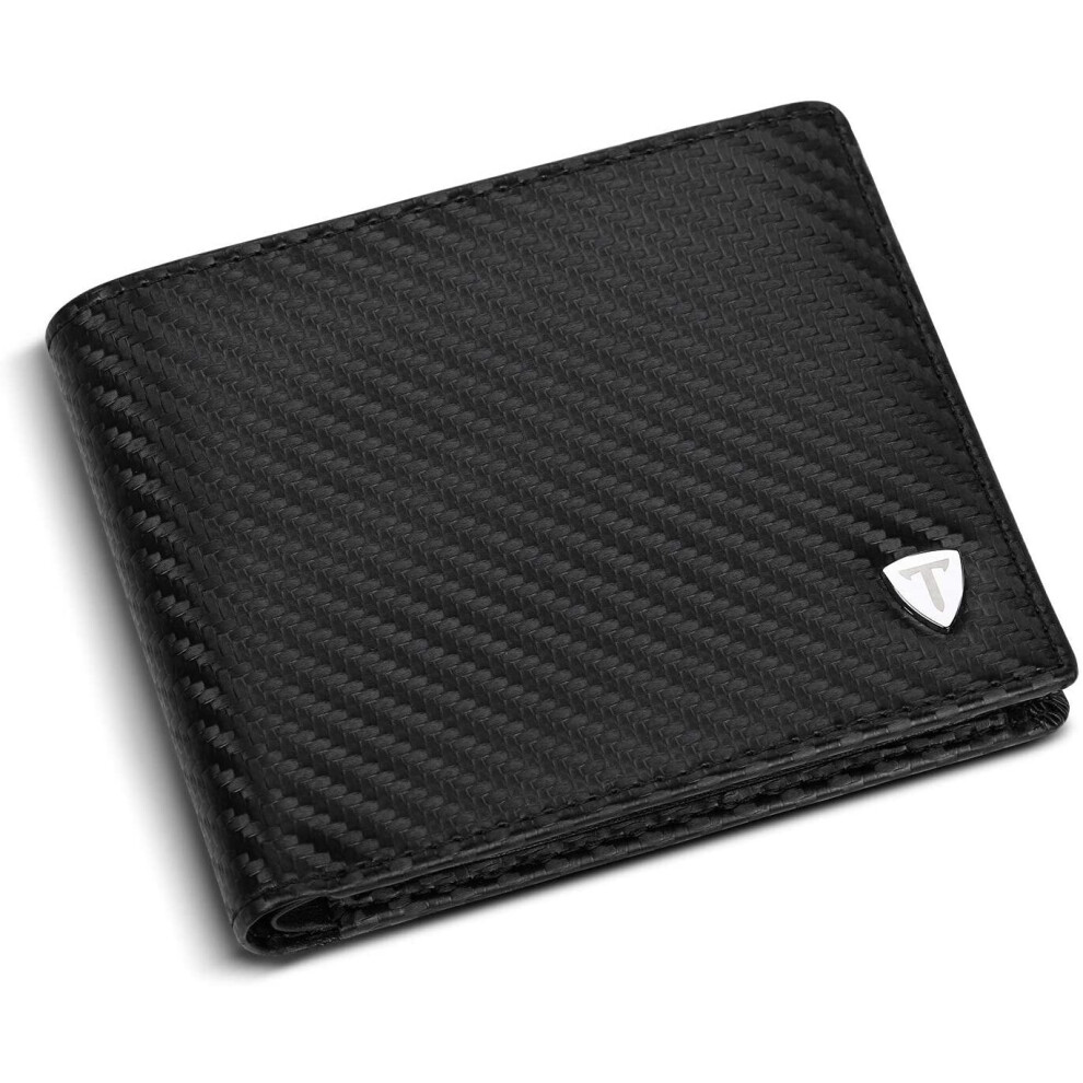 Teehon Leather Rfid Blocking Wallet For Men - Carbon Fibre Bifold Card Holder, 8 Card Slots, Coin Pocket, 2 Banknote Compartments, Gift Box