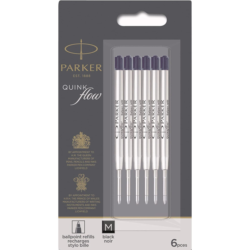 PARKER QUINKflow Ballpoint Pen Ink Refills, Medium Tip, Black, 6 Count Value Pack
