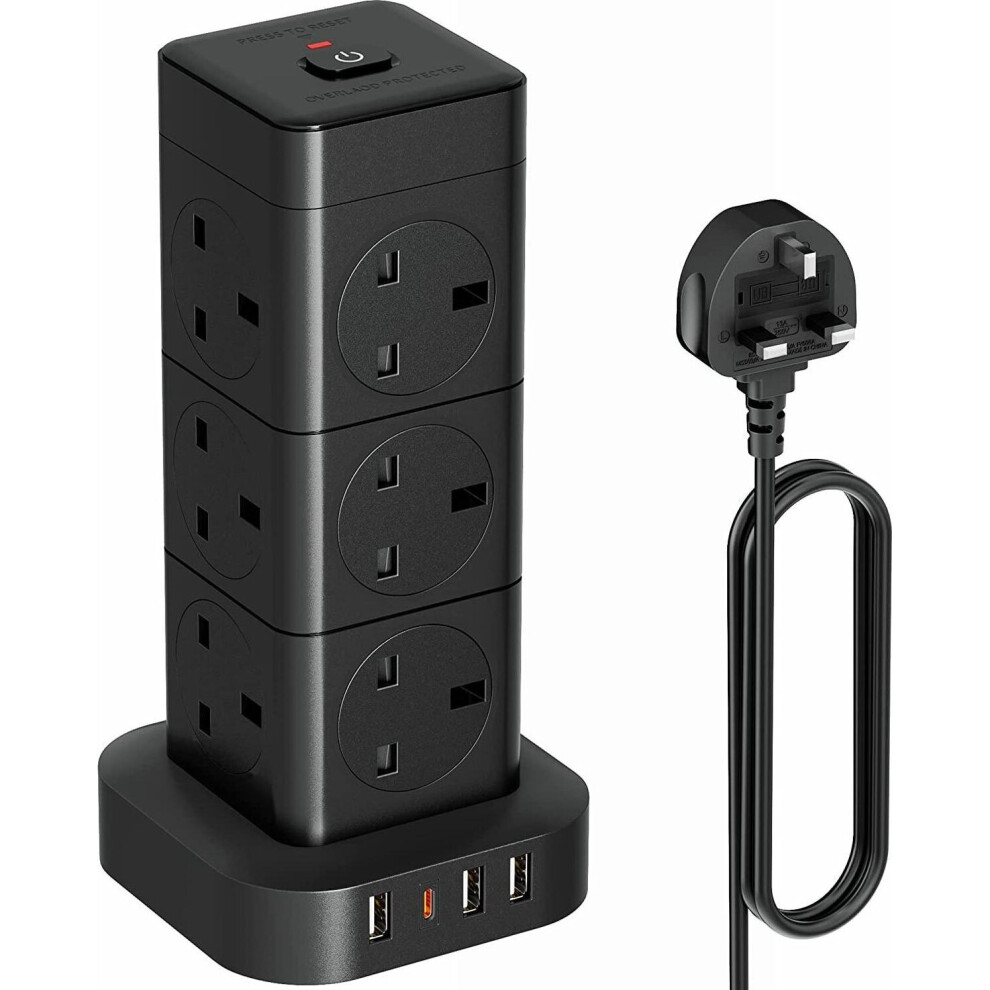 Hulker Tower Extension Lead with USB 12 Way 4 USB (1 Type C and 3 USB Ports) Multi Plug Extension