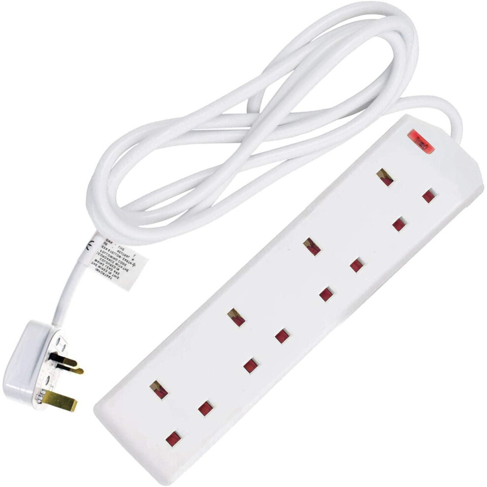 Extension Lead UK Pin Plug and Cable, 4 Gang Way 2m Power Adapter, Multi Socket Mains Strip White