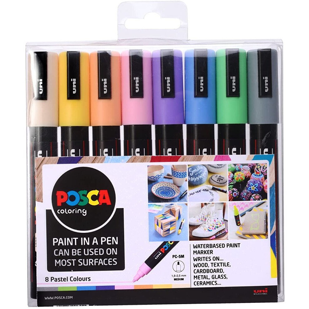 Uni Posca PC-5M Paint Marker Pen Wallet, Pastel Colours Set of 8 Assorted Colours, Medium Tip
