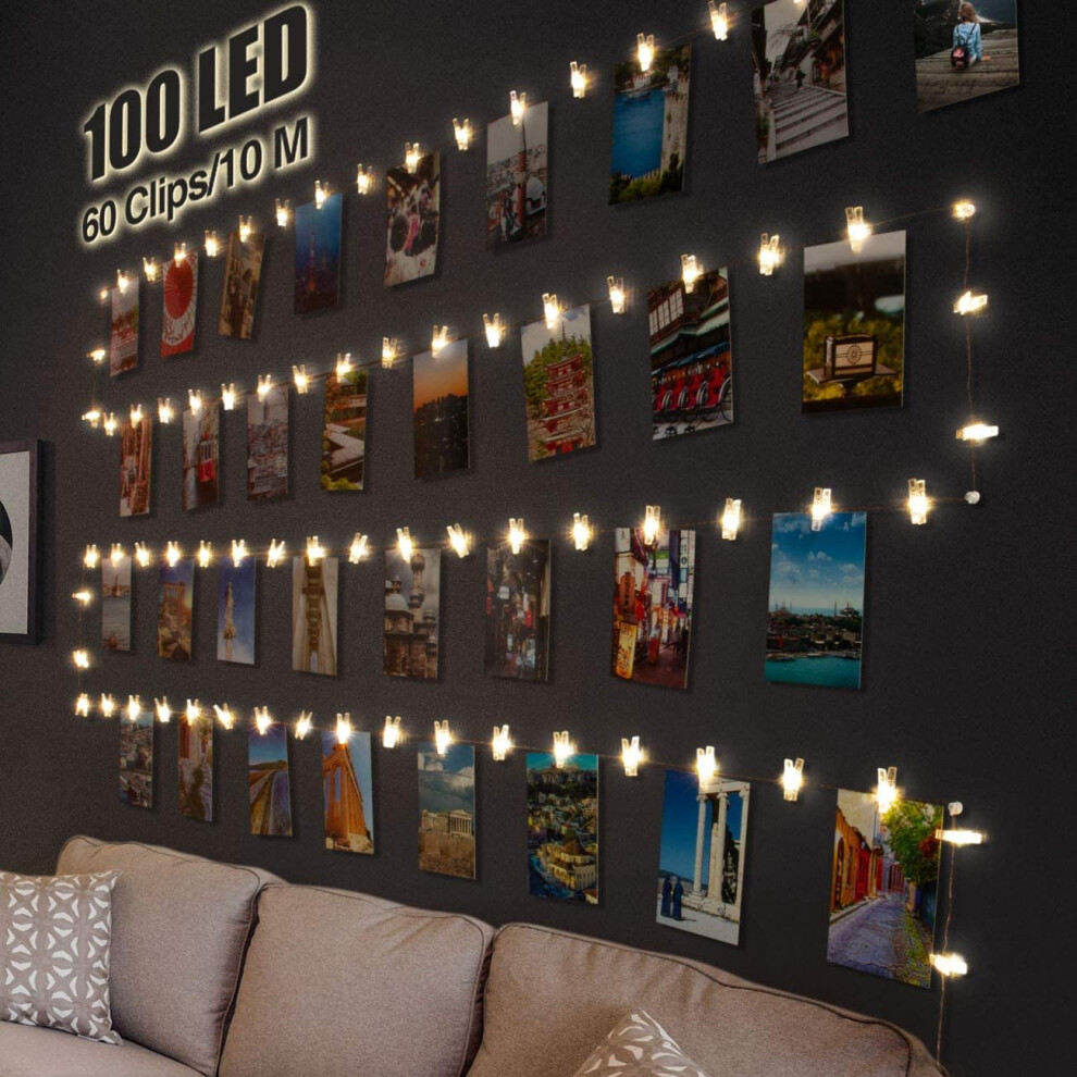 100 LED Photo Clip String Lights, litogo 10M Photo Peg Fairy Lights with 60 Clips Indoor Battery Powered Silver Wire Hanging String Photo Frames