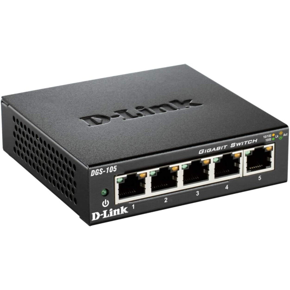 D-Link DGS-105/B 5-Port Gigabit Unmanaged Metal Desktop Switch 10/100/1000 Mbit/s - UK Version, Black