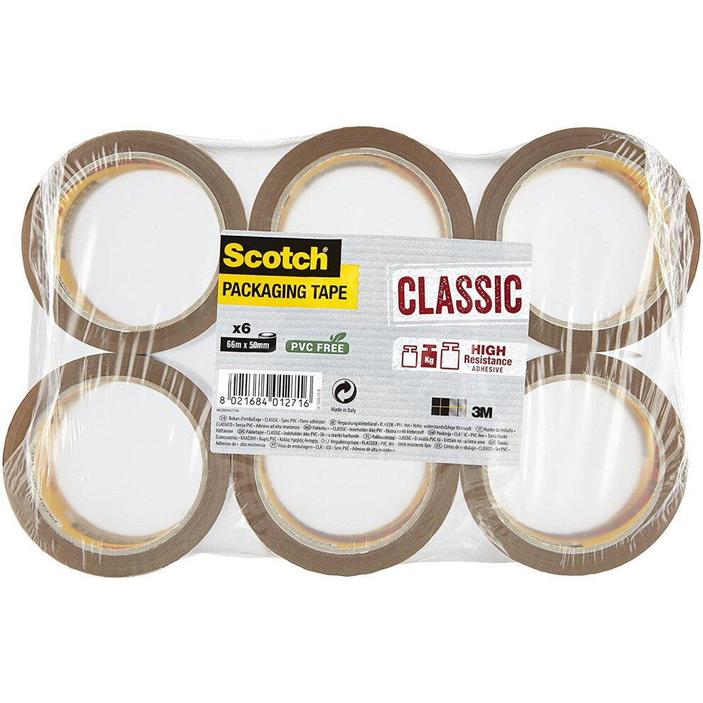 Scotch Packaging Tape, Pack of 6 Classic Brown Packing Tape Rolls, Ideal for sealing boxes and parcels