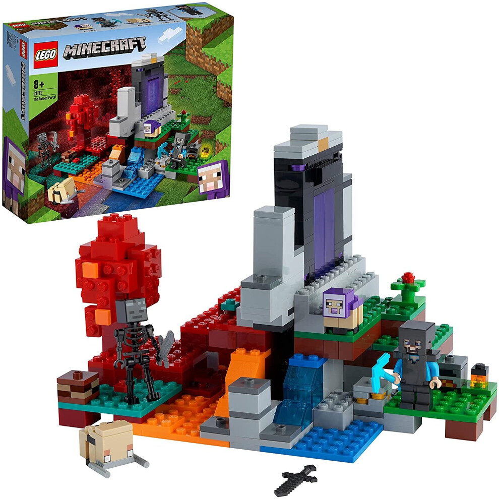 Lego 21172 Minecraft The Ruined Portal Toy With Steve And Wither Skeleton Figures, Building Set For Kids 8+ Years Old