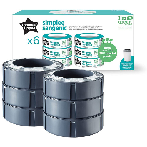 Tommee Tippee Simplee Sangenic Nappy Bin Refills (Pack of 6) – Sustainably Sourced GREENFILM, Antibacterial, 98% Recycled Plastic, Odour Protection