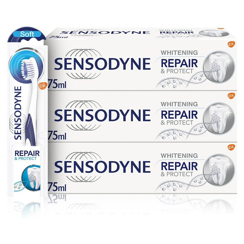 Sensodyne Sensitive Repair and Protect Whitening Toothpaste (Pack of 3) and Toothbrush Regime Kit