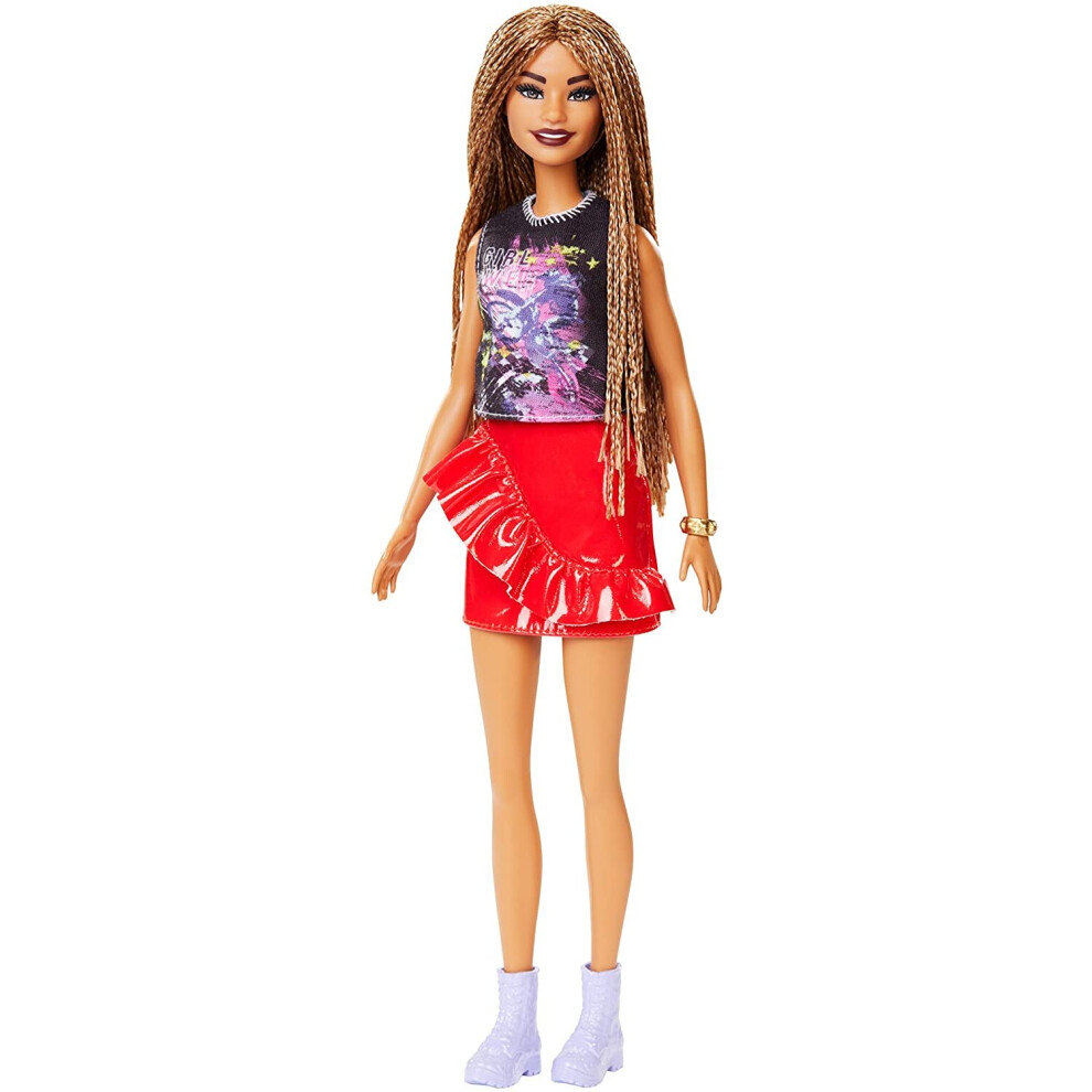 âBarbie Fashionistas Doll with Long Braided Hair Wearing Girl Power T-Shirt, Red Pleather Skirt and Accessories, for 3 to 8 Year Olds