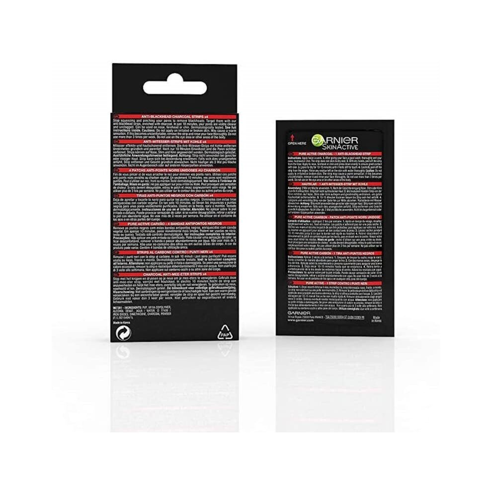 Garnier Pure Active Anti-Blackhead Charcoal Nose Strips for Clear and Unclogged Pores - Blackhead Remover for Use on Nose, Forehead and Chin X4