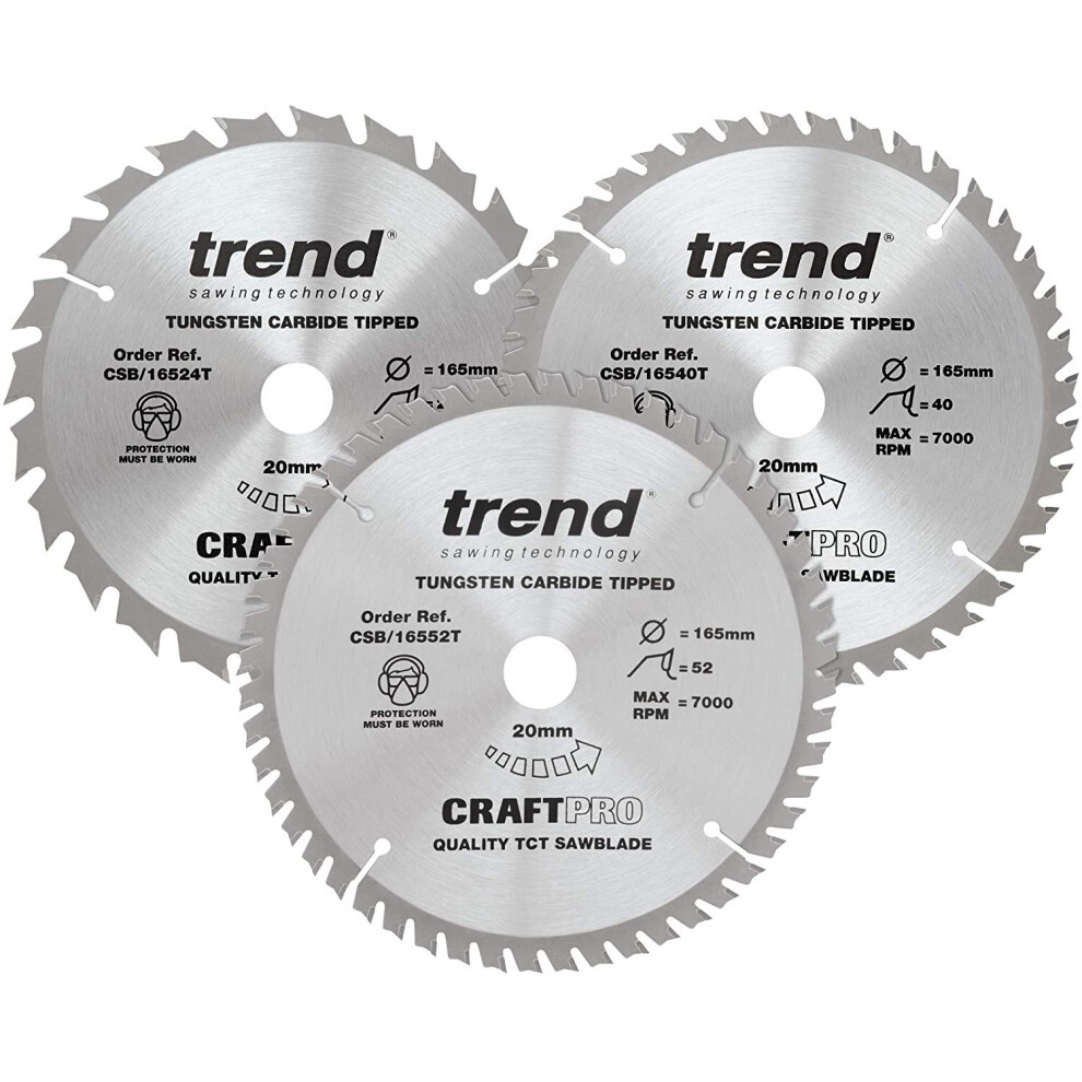 Trend CSB/165/3PK/B Craft Pro Triple Pack of TCT Blades Ideal for Dewalt DC390, DWE007, DCS391, and DC391N Circular Saws, Tungsten Carbide Tipped,