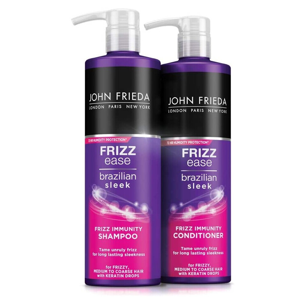 Frizz Ease Brazilian Sleek Frizz Immunity Shampoo & Conditioner Set 2 x 500ml For Frizzy Medium to Coarse Hair with Keratin Drops for Long Lasting