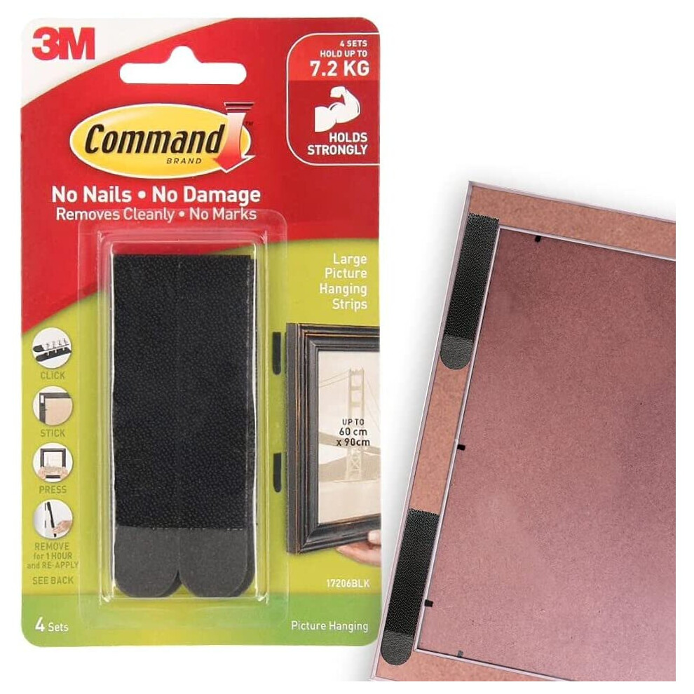 Command Large Picture Hanging Strips, Pack of 4 x 2 Adhesive Strips, Black - Damage Free Hanging - For Posters, Pictures, Frames and Mirrors, Wall
