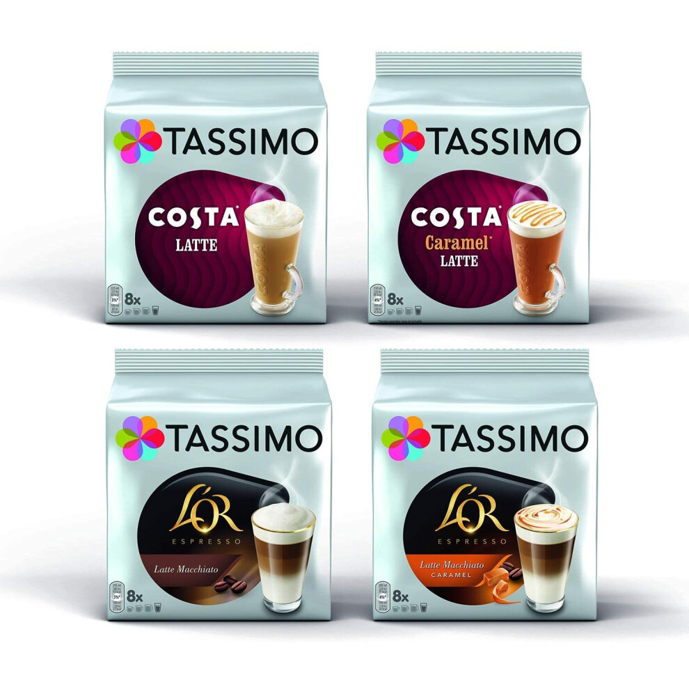 Tassimo Latte Bundle - Costa Latte/Costa Caramel Latte/L'or Latte Macchiato/Latte Macchiato Caramel Coffee Pods - 4 Packs (32 Servings)