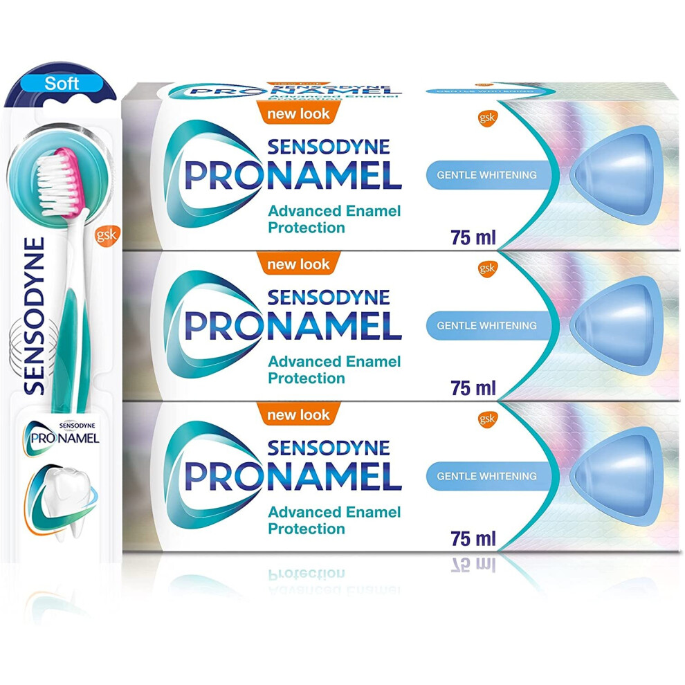 Sensodyne Pronamel Regime Kit | 3x Sensodyne Pronamel Gentle Whitening Cool Mint Toothpaste 75 ml and 1x Pronamel Toothbrush | Daily Oral And Enamel