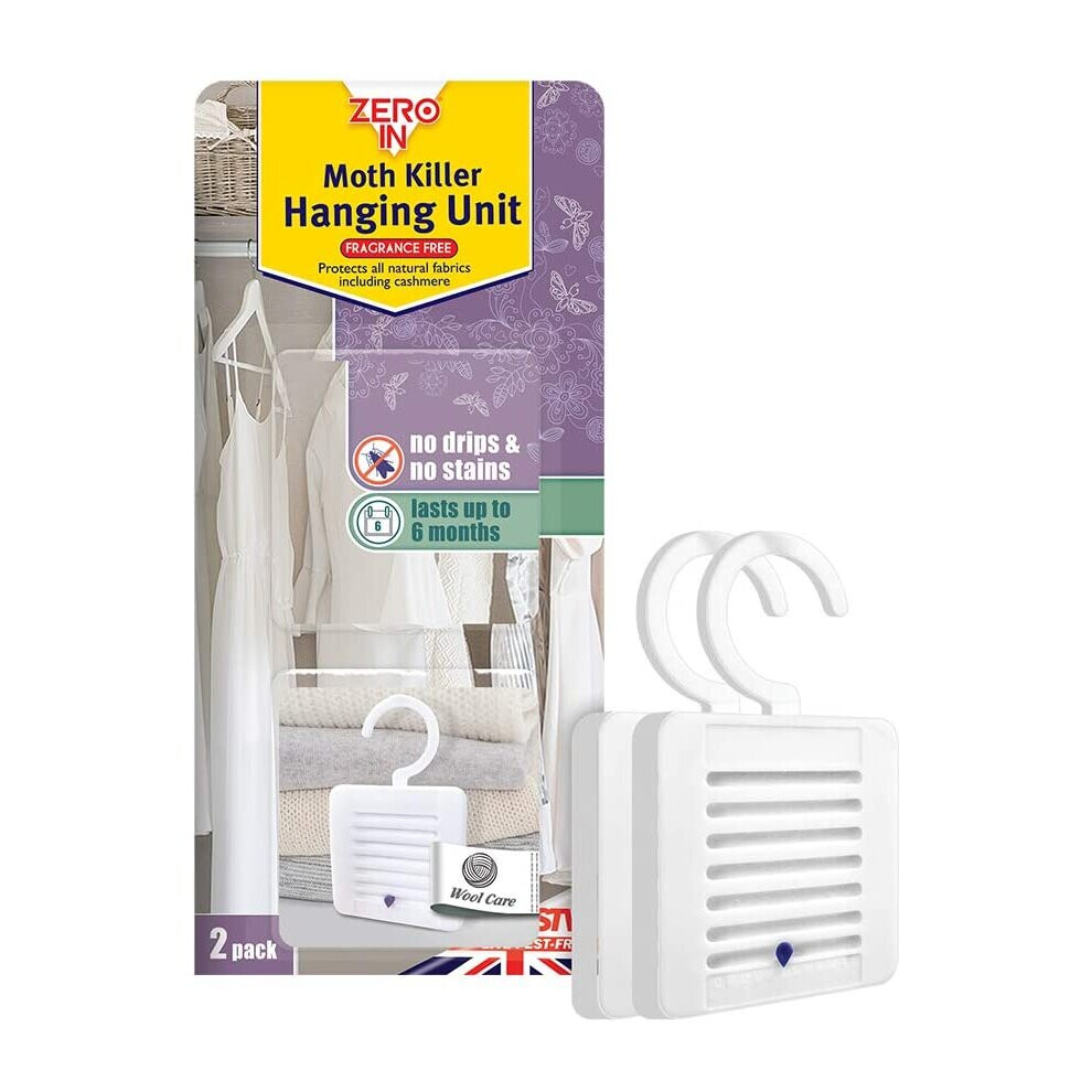 Zero In Moth Killer Hanging Unit, 2 Pack (Scent-Free, Kills Clothing Moths, Larvae and Eggs)