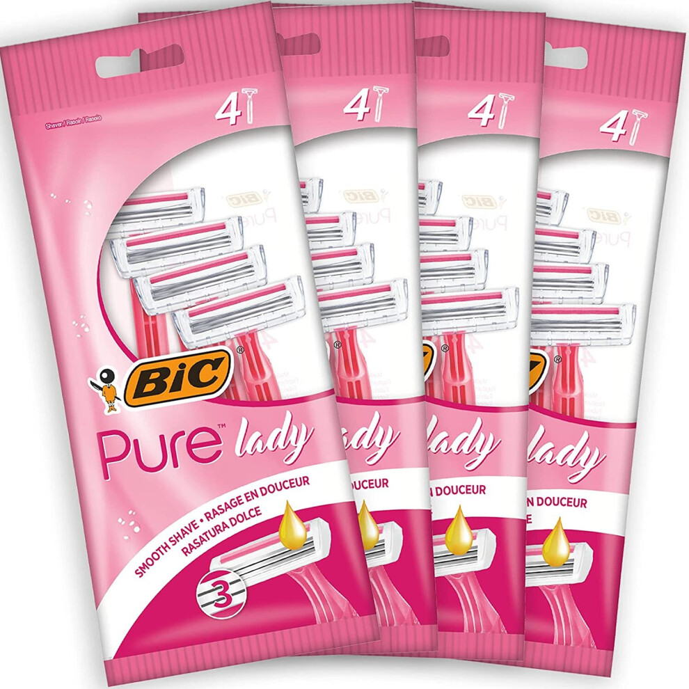 BIC Pure 3 Lady Pink Women's Disposable Razors - Bundle of 4 Packs of 4