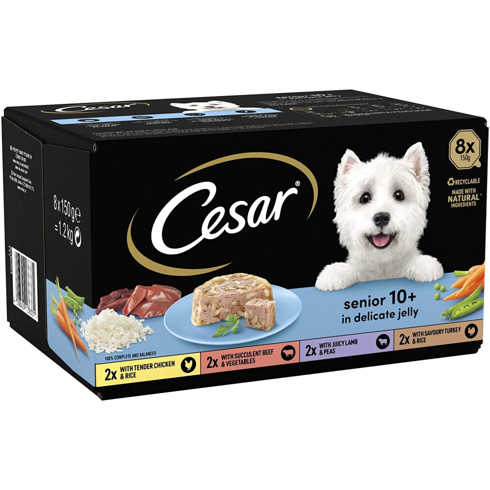 Cesar 10+ - Wet Dog Food for Senior Dogs Chicken, Beef, Lamb and Turkey in Delicate Jelly, 24 Trays (24 x 150 g)