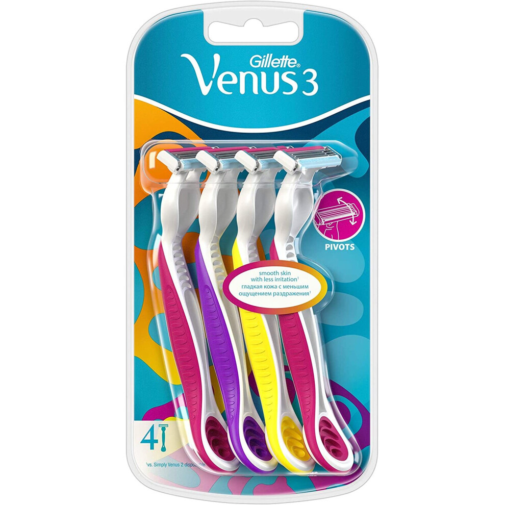 Gillette Venus3 Disposable Razor for Women with 3 Blades and Moisture Strip, Pack of 4 Razors