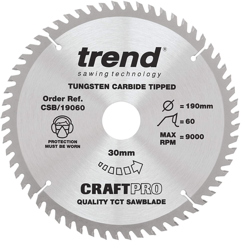 Trend Csb/19060 Craft Pro Fine Trim Finishing Tct Circular Saw Blade, 190Mm X 60 Teeth X 30Mm Bore, Tungsten Carbide Tipped
