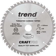 Trend CSB/AP16548 Craft Pro Worktop, Aluminium and Plastic TCT Blade for Plunge/Circular Saws, Tungsten Carbide Tipped, 165mm x 48 Teeth x 20 Bore