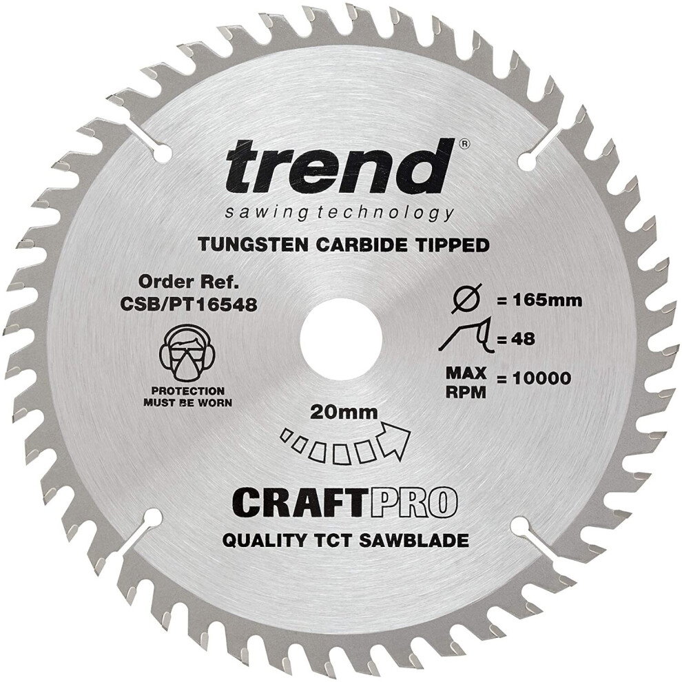 Trend Csb/Pt16548 Craftpro Tct Saw Blade 165Mm X 48 Teeth X 20Mm (2.0Mm Kerf), Silver