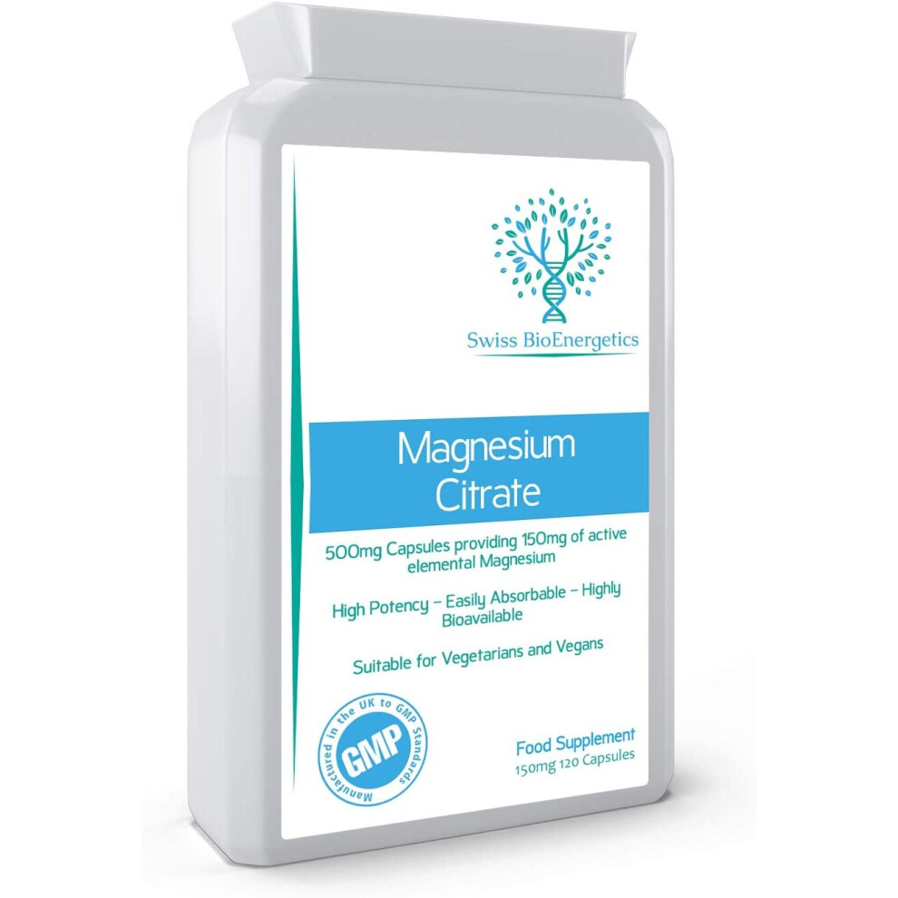 Swiss Bioenergetics Magnesium Citrate 500Mg - 120 Capsules - 150Mg Elemental Magnesium - High Potency, Easily Absorbed & Highly Bioavailable - Uk Manufactured