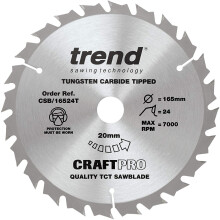 Trend CSB/16524T Craft Pro Combination TCT Blade Ideal for DeWalt, Bosch, Makita, and Festool Circular Saws, Tungsten Carbide Tipped, 165mm x 24 Teeth