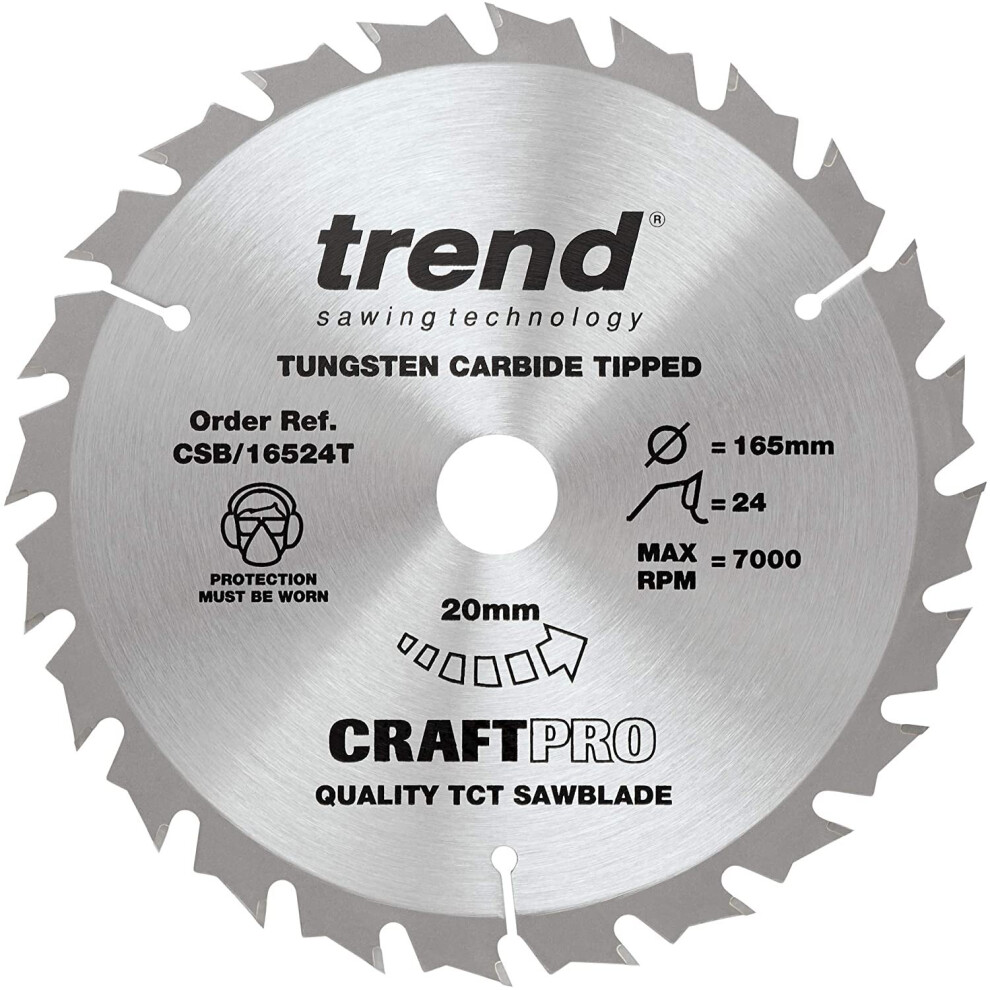 Trend CSB/16524T Craft Pro Combination TCT Blade Ideal for DeWalt, Bosch, Makita, and Festool Circular Saws, Tungsten Carbide Tipped, 165mm x 24 Teeth