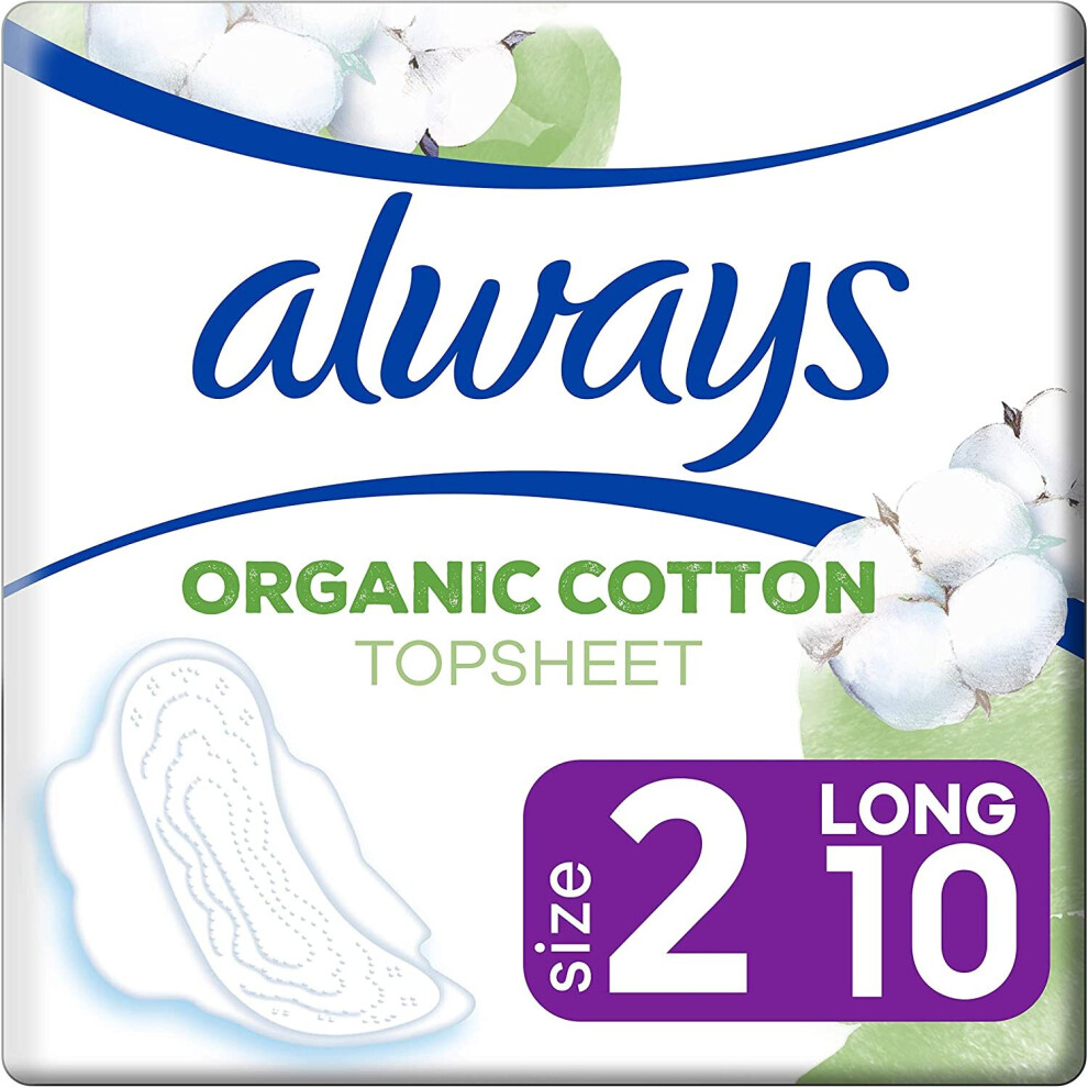 Always Cotton Protection Ultra Long (Size 2) Sanitary Towels With Wings 10 Pads, 100% Organic Cotton Topsheet