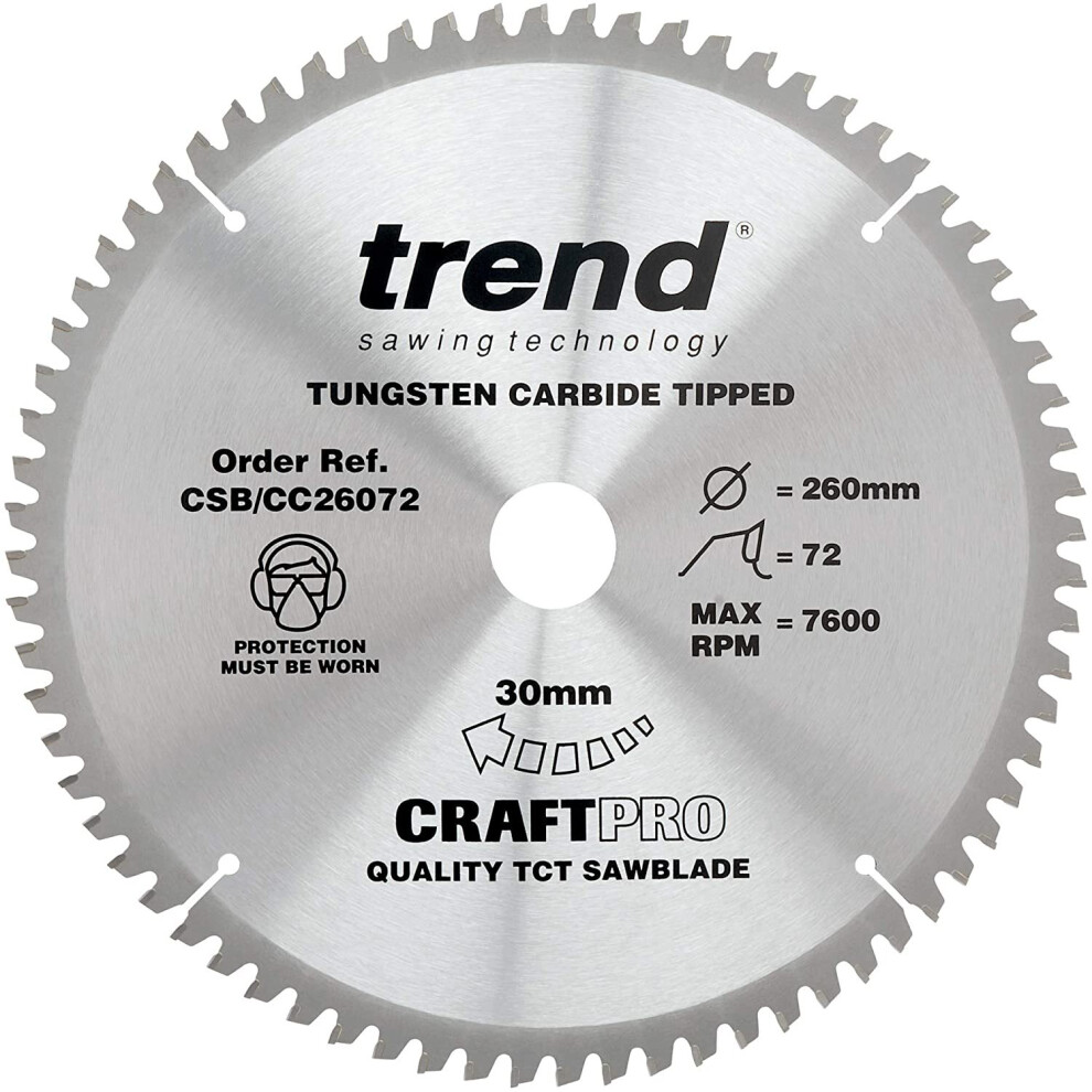 Trend CSB/CC26072 Craft Pro Negative Hook Crosscutting TCT Circular Blade Ideal for Makita and Festool Table/Mitre Saws, Tungsten Carbide Tipped,
