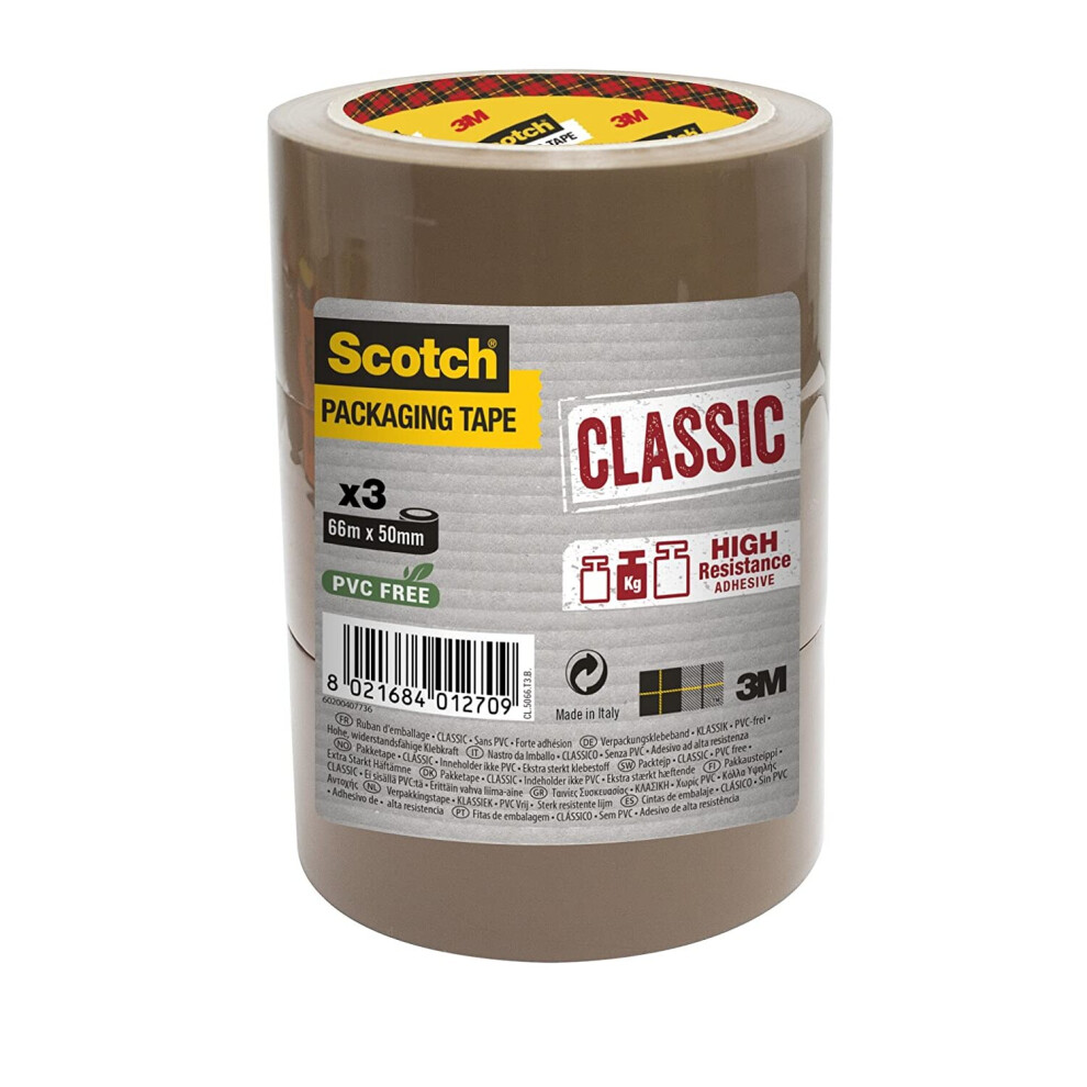 Scotch Packaging Tape Roll - Brown - 50 mm x 66 m Pack of 3