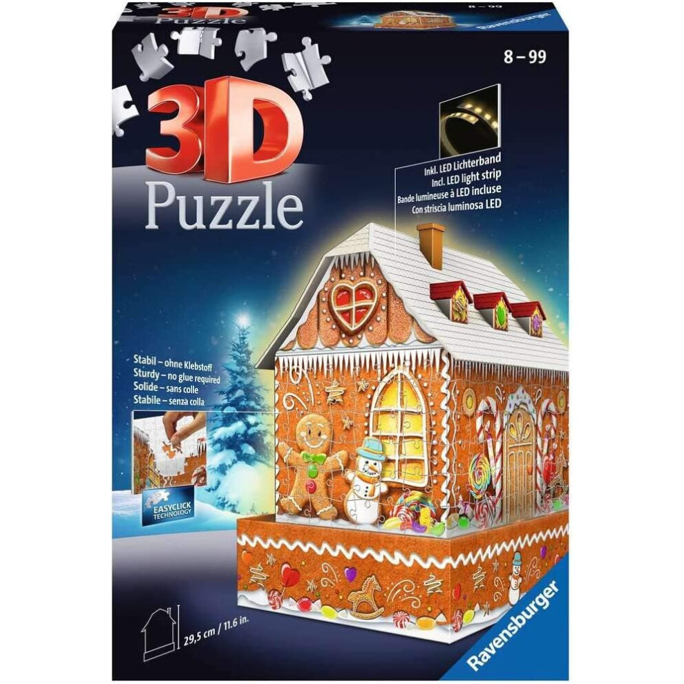 Ravensburger Christmas Gingerbread House 216 Piece 3D Jigsaw Puzzle for Adults and Kids Age 8 Years Up - Night Edition with LED Lighting