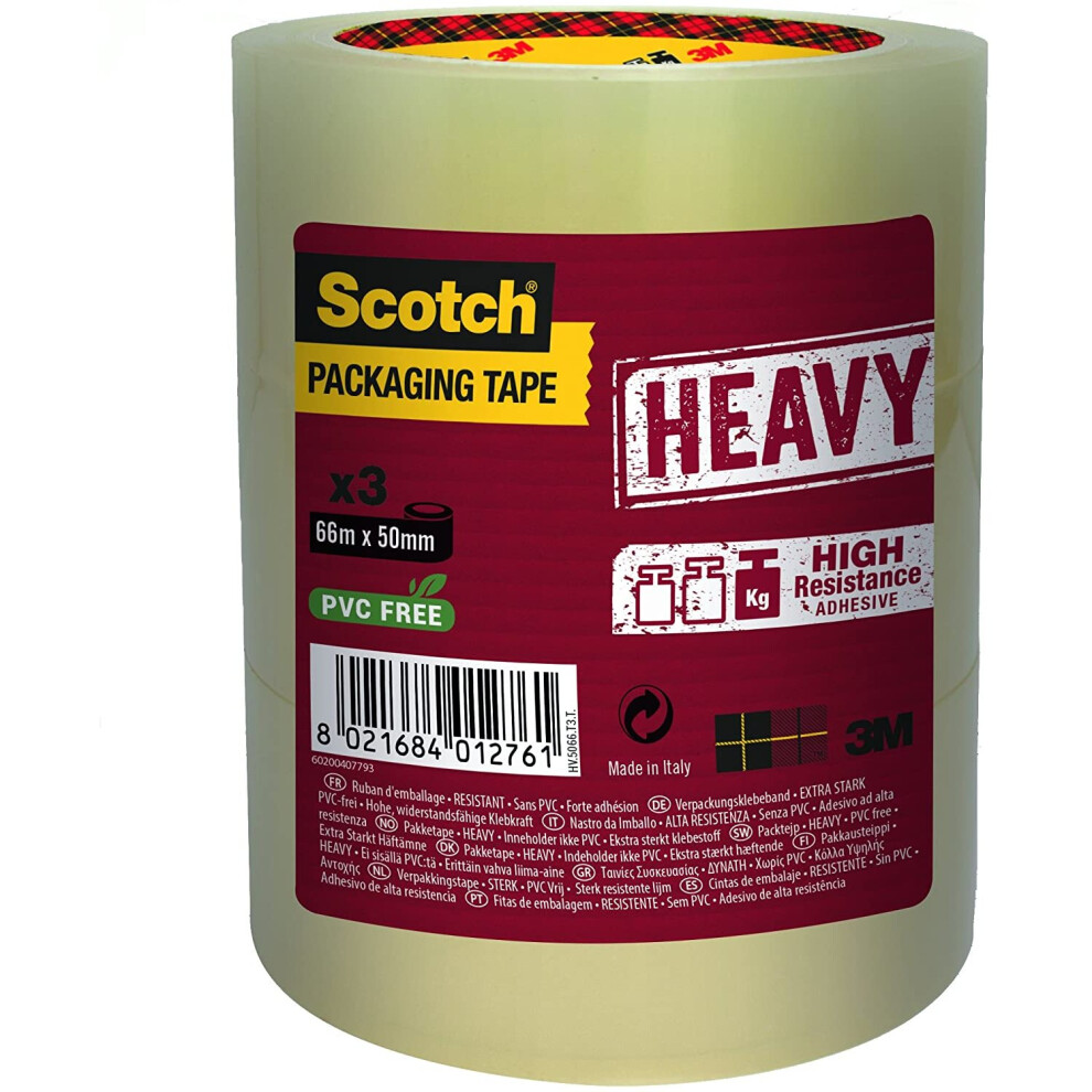 Scotch Heavy Duty Packaging Tape, 50 mm x 66 m, Clear, 3 Rolls, Suitable for Rough Handling and Shipping