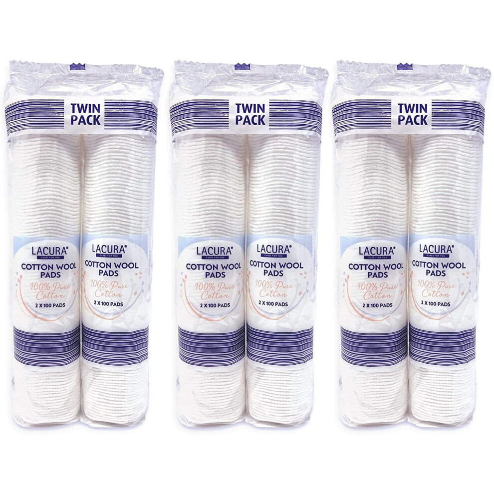 Lacura Pure Cotton Wool Pads 3 x 200 Twin Pack 600 Non-Fleecing No Shed Pads