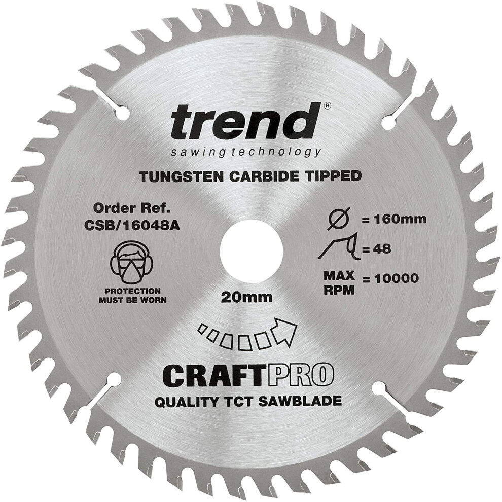 Trend Csb/16048A Craft Pro Quality Tct Circular Saw Blade, 160Mm X 48 Teeth X 20Mm Bore, Tungsten Carbide Tipped