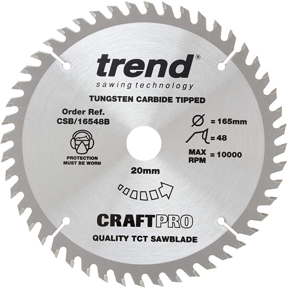 Trend CSB/16548B Craft Pro Trimming Crosscut TCT Blade Ideal for Makita, Dewalt, Bosch, and Evolution Circular Plunge Saws, Tungsten Carbide Tipped,