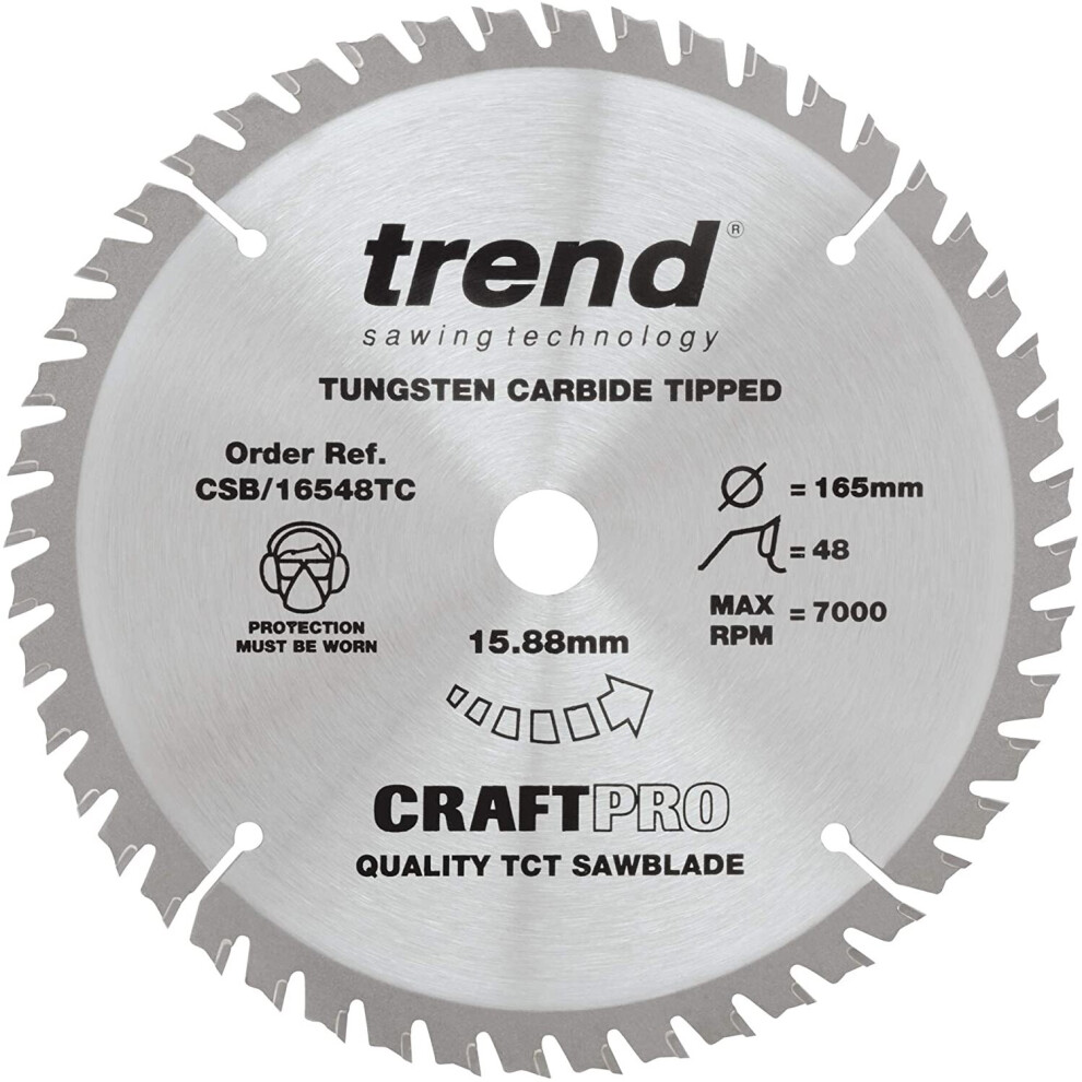 Trend Csb/16548Tc Craft Pro Thin Kerf Tct Circular Saw Blade, Tungsten Carbide Tipped, 165Mm X 48 Teeth X 15.88Mm Bore