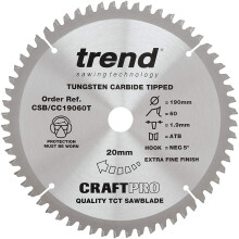 Trend CSB/CC19060T Craft Pro Negative Hook Crosscutting TCT Blade Ideal for Makita DLS713 Circular/Mitre Saws, Tungsten Carbide Tipped, 190mm x 60