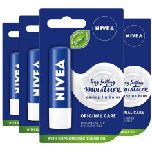 NIVEA Lip Balm Original Care Pack of 4 (4 x 4.8g) Protective Lip Moisturiser with Shea Butter and Natural Oils, Caring Lip Balm for 24h Moisture Care,