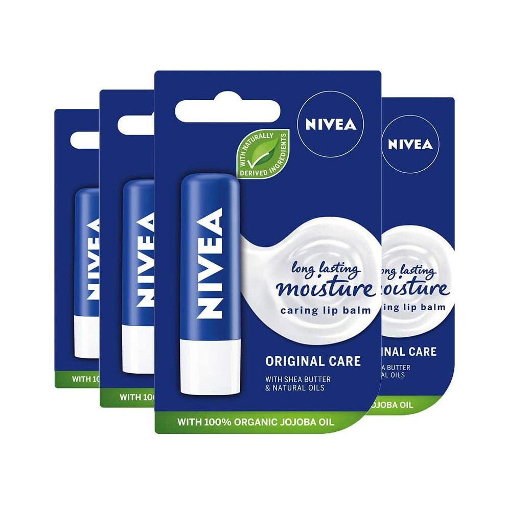 NIVEA Lip Balm Original Care Pack of 4 (4 x 4.8g) Protective Lip Moisturiser with Shea Butter and Natural Oils, Caring Lip Balm for 24h Moisture Care,